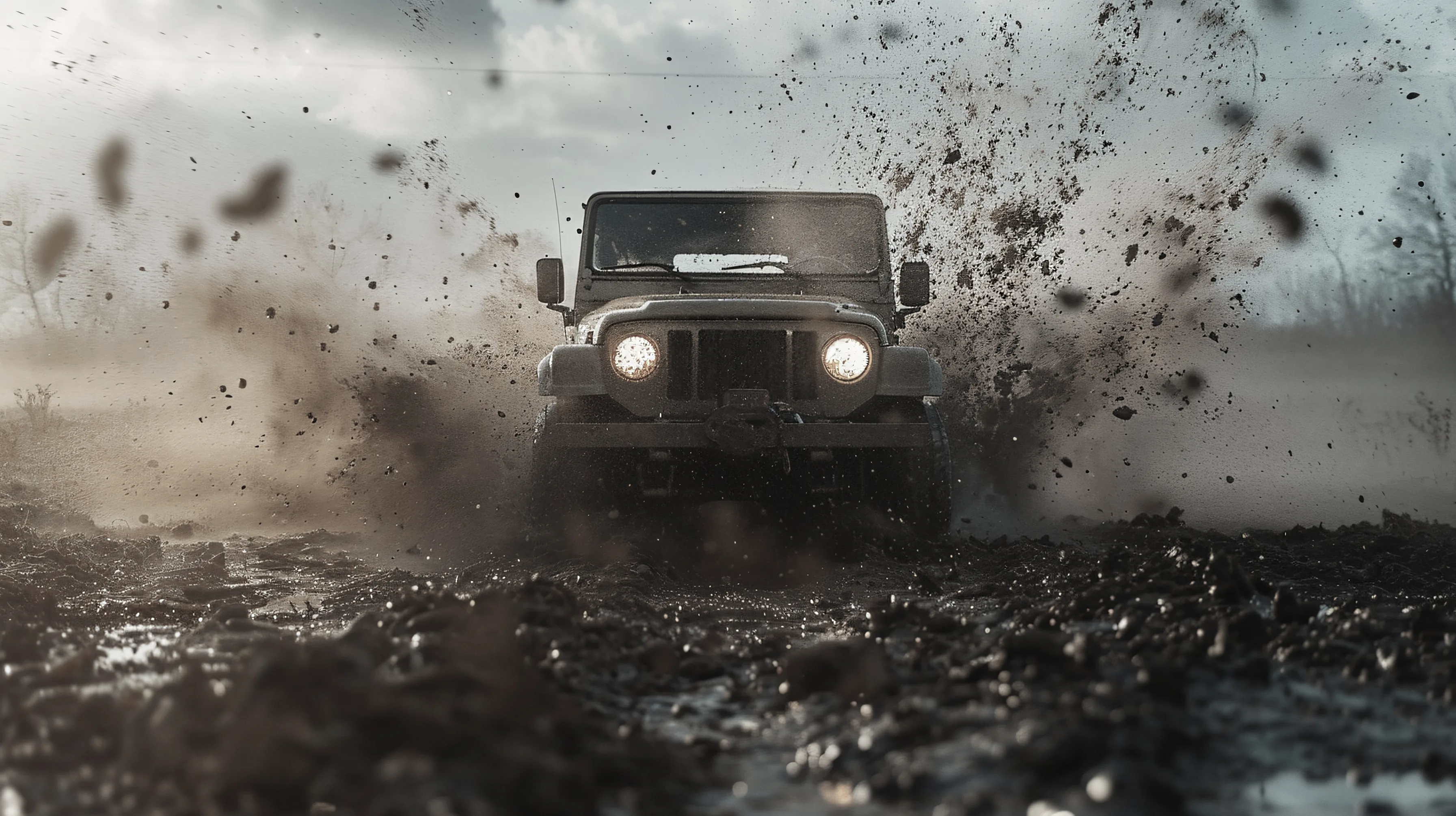 Jeep jadący przez błoto z włączonymi światłami